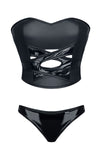 Erotisches Wetlook Set DE453 mit PVC Details - Sexy Top & String-Tanga in Schwarz | Demoniq